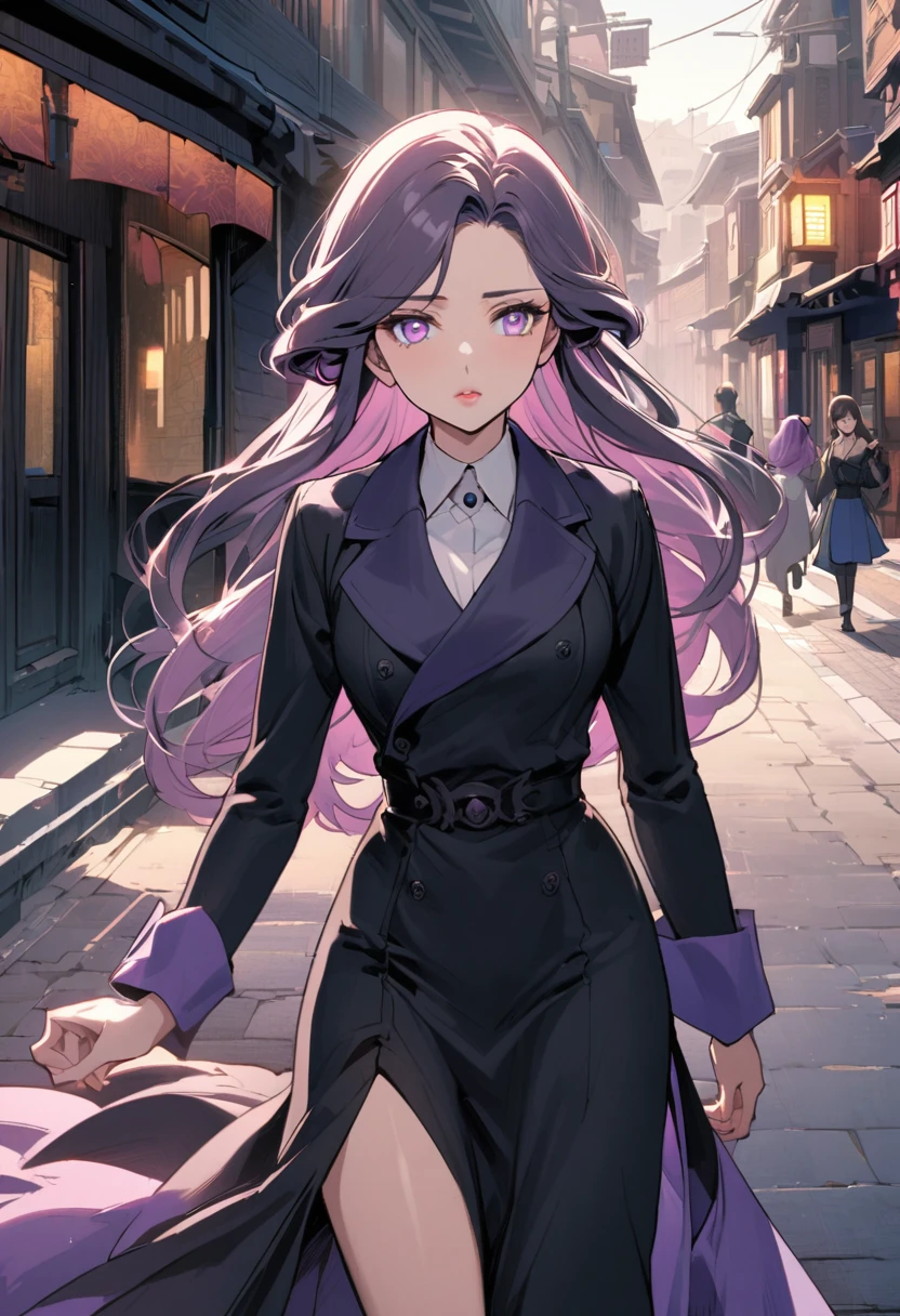 In manhwa style a young adult japanese woman 30s. Her hair is long and bronw color. Her face is sad Her skin is radiant and clear, and her lips is pink. violet color eyes are captivating and beautiful. She is wearing a black overcoat and blue long-dress, walking in the street of takayama