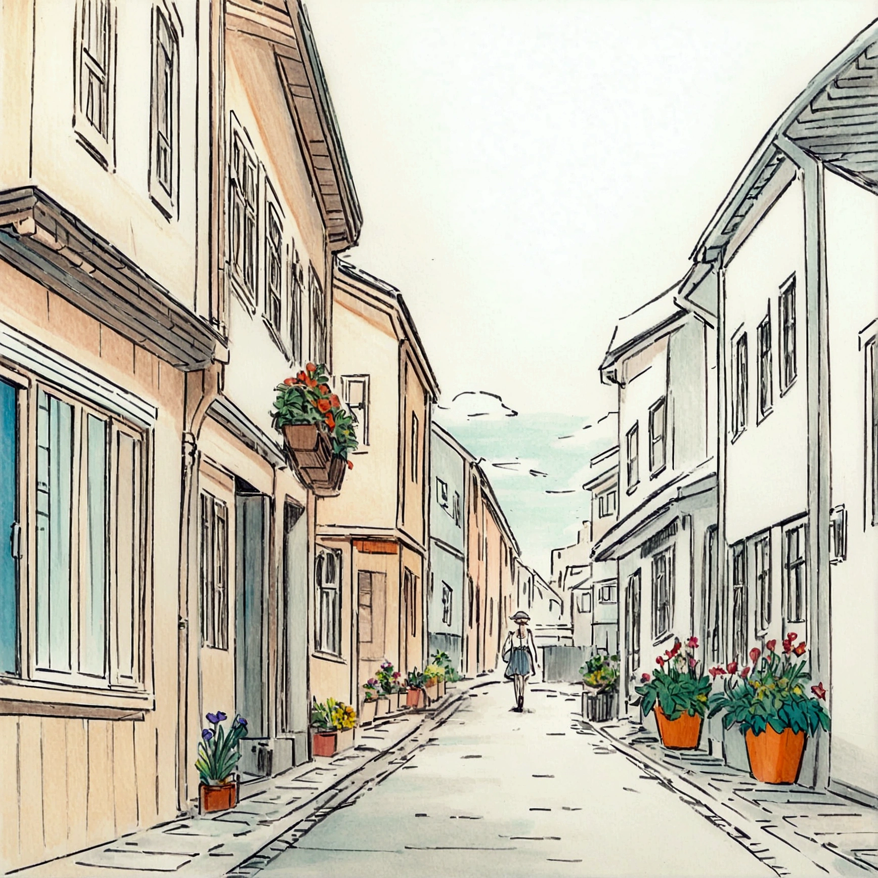 Summer sky, woman walking down the street, flowers, nostalgic, Scandinavian streetscape, colored pencil sketch, black and white