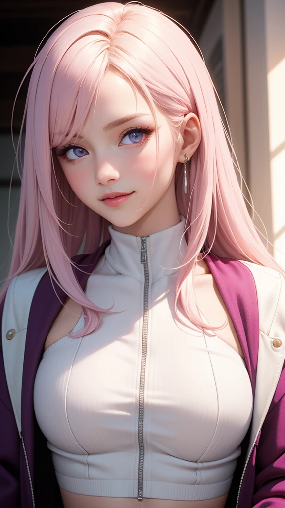 (masterpiece, best quality), intricate details, thin, ((slim)), beautiful girl, Light pink hair, white skin, light purple eyes, sharp jawline, cropped jacket, messy hair, lips, upper body, smirk