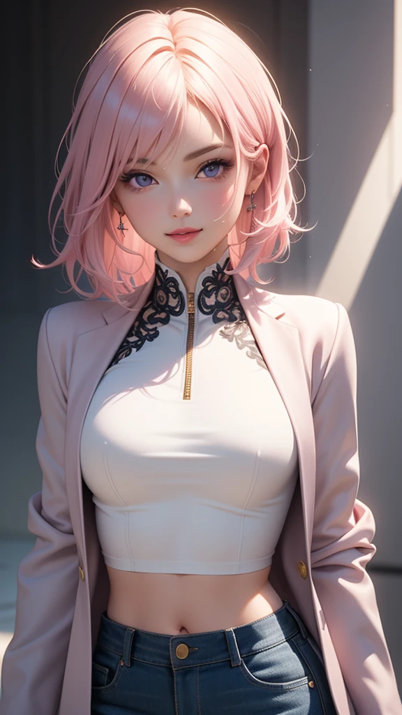 (masterpiece, best quality), intricate details, thin, ((slim)), beautiful girl, Light pink hair, white skin, light purple eyes, sharp jawline, cropped jacket, messy hair, lips, upper body, smirk
