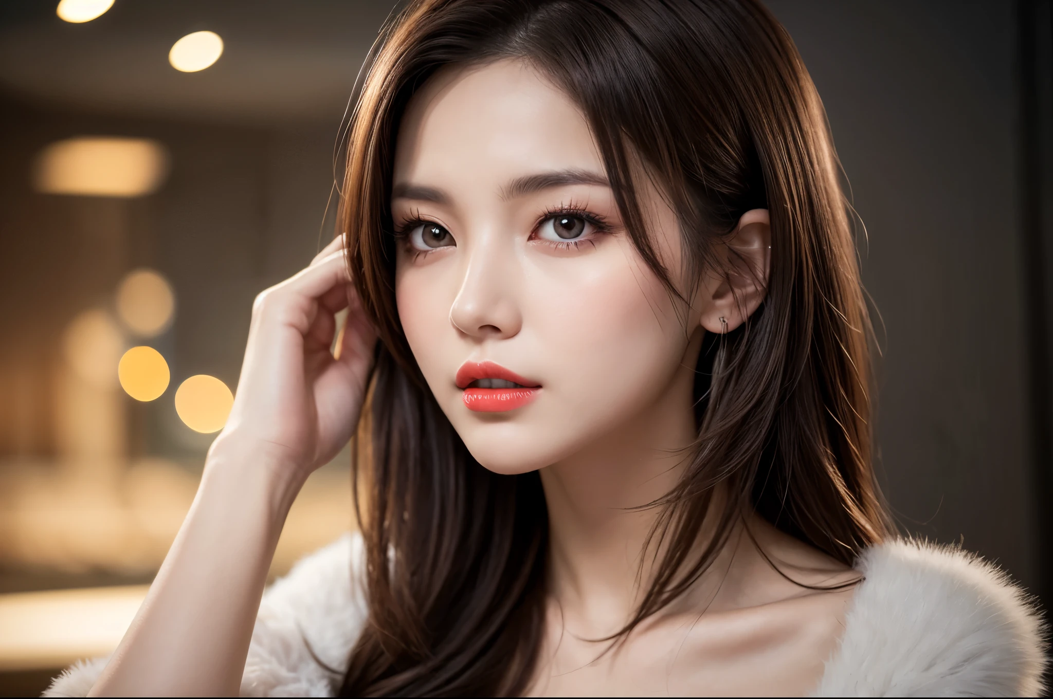 (8k, Ultra-high resolution, The best masterpiece, best quality:1.2), Very detailed, Complete Solution, (actual, actual photo: 1.37), portrait, Half Body, focus on eyes, HD RAW photos, career arrest, High quality and beautiful, 超高清 8k 影像照片, Volumetric lighting, Soft Light, confess, Professional photography, Very detailed的美麗女孩, Super delicate face shape, Contoured eyes, (Very detailed eyes), Precisely shaped nose, expressive lips, Delicate skin, (HD Skin:1.2), Neatly contoured fingers, Every feature is carefully displayed, a story, (20:1.2), Twenty generations, cute girl, young mother, Beautiful mature lady, brown hair, long, straight hair, sparkling amber eyes, red lips, Cleavage, perfect anatomy, HD background without blur, particle, actual, stunning details, 8k Ultra HD, high quality, CG unity, C4D Rendering, 3D Rendering