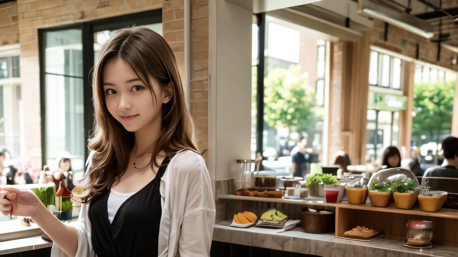 super high quality, smile, Slenderのネックレス, Slender, Cafes in New York, The staff is working at the counter in the back., (8k、RAW Photos、Highest quality、masterpiece:1.2), Japanese Idol, The cafe is crowded with people enjoying themselves., (Realistic、Photorealistic:1.37), Urban Cafe, Golden Ratio, Raw photo, Cute face , Light Brown Hair, Small breasts, Bright cafe interior, Blurred Background, Summer clothes, Photographed inside the cafe, Neat clothes, boyish, younger sister, Medium Short, high school girl, Stylish clothes, 16 years old,