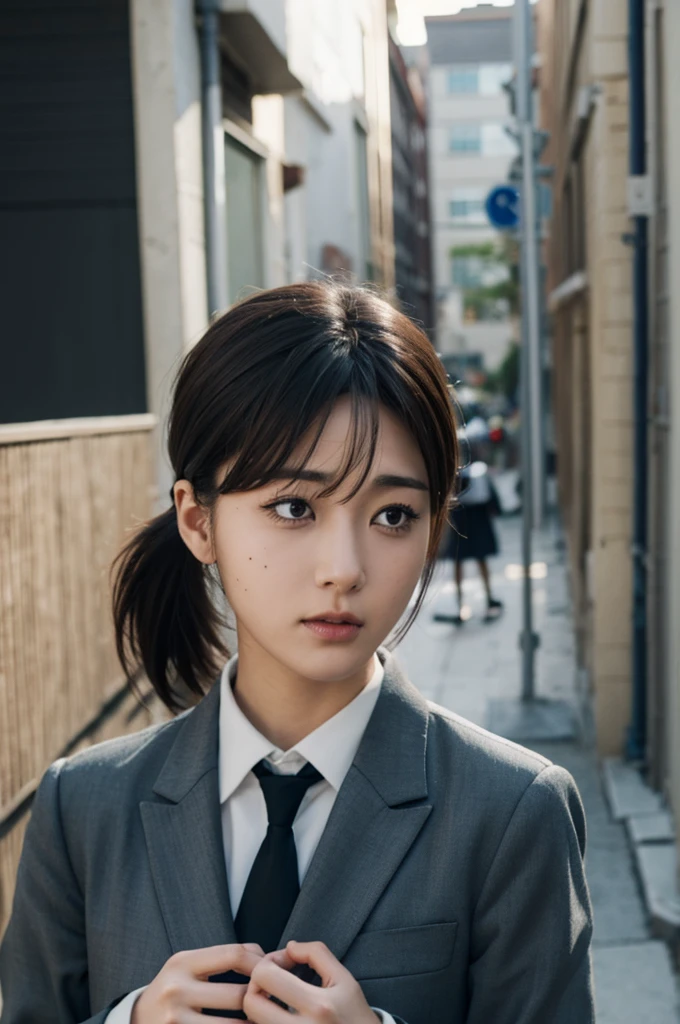 there is a woman in a suit and tie posing for a picture, toru furuya, kobeni higashiyama, black hair, hair ornament, hairclip, mole, mole under eye, ponytail, short hair, (brown eyes:1.5