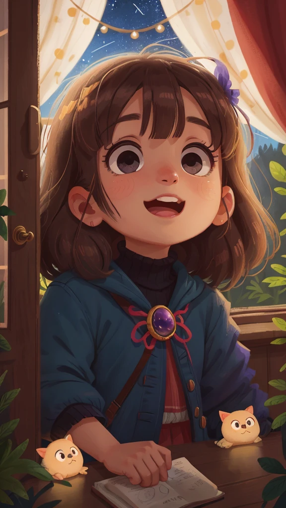 A close-up of Luna's face, her eyes wide with wonder and excitement as she stares at the twinkling stars outside her window, HD, 4K