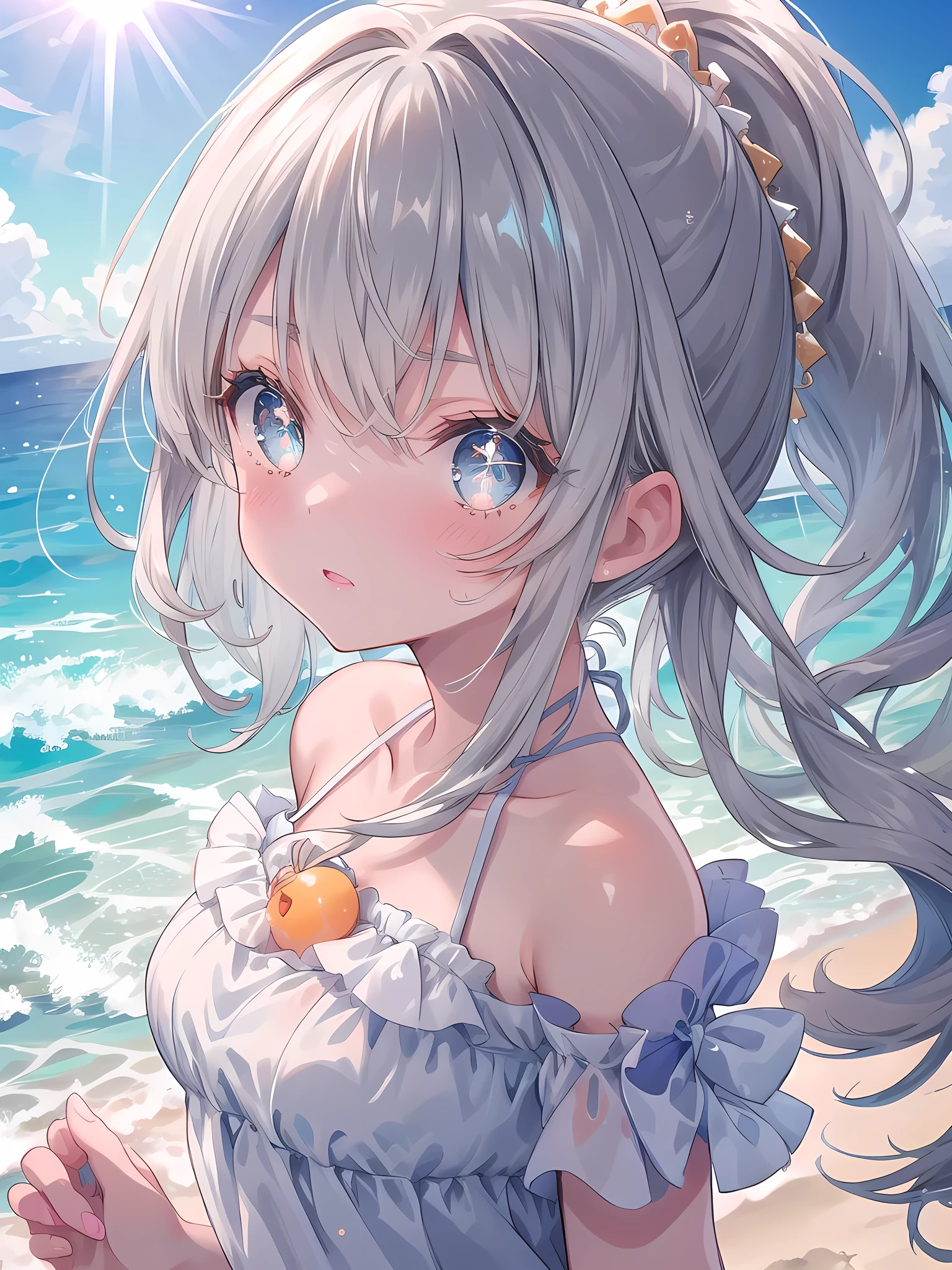 ((8k, best quality, master piece: 1.3)),super high resolution,(1 girl, solo), (colorshift eyes, hyperdetailed, expressive sparkling, glitter, glowing eyes), ultra detailed eyes, ultra-detailed face, random hair, ((silver gray color)),A cute woman puffs out her cheeks in anger. The background is a beach, with blue sea and white sand. She is wearing a cute frilly swimsuit with a pop design. The shot is taken from the bust so that her expression can be seen clearly. The woman's face is lightly made up, and her lips are sunset orange with gloss. Her expression as she puffs out her cheeks is characterized by slightly raised eyebrows and puffy cheeks. Her eyes are drawn with natural eyeshadow and long eyelashes, and her eyes shine cutely, even though she looks a little angry. Her hair is in a high ponytail, and each strand of hair is drawn realistically. Her hair is sun-kissed brown, and it shines as it reflects the sunlight on the beach. The blue sea and white sand spread out in the background, conveying the fun and freedom of the beach. A beach ball is drawn in her hand, giving a sense of beach activity. The nails on her fingertips are also drawn in detail. The texture of her skin, the softness of the swimsuit fabric, and the way the light hits it are all depicted in detail.
