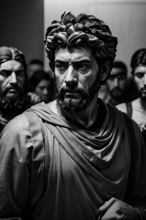  A wise-looking character resembling Marcus Aurelius in black and white colors featuring stoic philosopher standing calmly in the center of a bustling, chaotic scene, with everything around them blurred except for their serene expression. HYPER REALISTIC.

