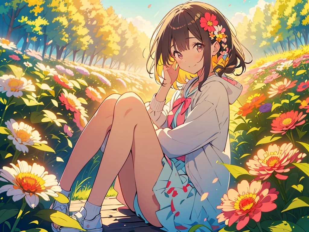 kawaii, anime, Cute, hyper quality, highly detailed, 8k, Clarity, Draw facial expressions in detail, A girl with long dark brown hair winks, Zinnia, colorful zinnia flower field, highlight on eyes, throw both hands up, smile, clear sky, The wind passes through, Flowers waving in the wind, Colorful zinnia petals dance in the sky, Flower shower of zinnia petals, Sit with one leg extended and your knees raised, There is a diary nearby, flower shower, red zinnia, yellow zinnia, white zinnia, pink zinnia, wearing a short-sleeved hoodie, skirt, aerial view, sit, The expression is a wink, A cluster of colorful zinnias grows, The flowers are wet with morning dew and shine, A bird flaps its wings in the sky, Thank you for waving, The color of the open eyes is green, upward glance, wave one's hands, 