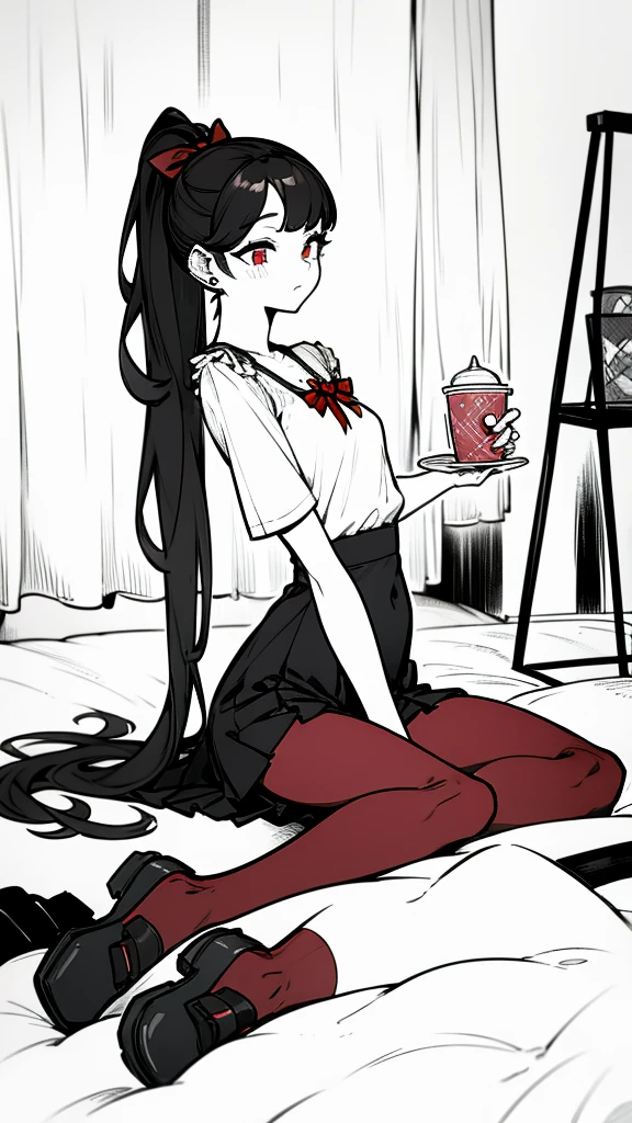 using pantimedies, wavy black hair, piercing look with deep red eyes, average stature, Silky hair with a ponytail hairstyle collected with a red bow with two white lines, with clothes, has a vagina, has breasts, cup of breasts, small breasts, slim, foreground, Session, sitting in her room, sitting on the floor of her room, wearing pantyhose, using pantimedies, Picardias, short skirt, shoes, blouse with straps