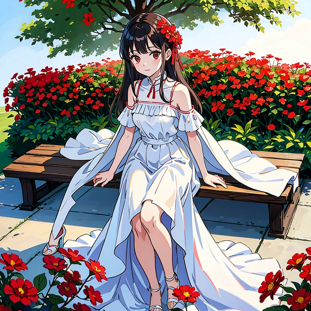Red flowers, white dress woman, solo, sitting on bench