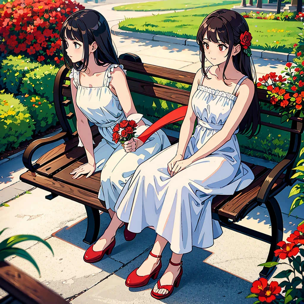 Red flowers, white dress woman, solo, sitting on bench
