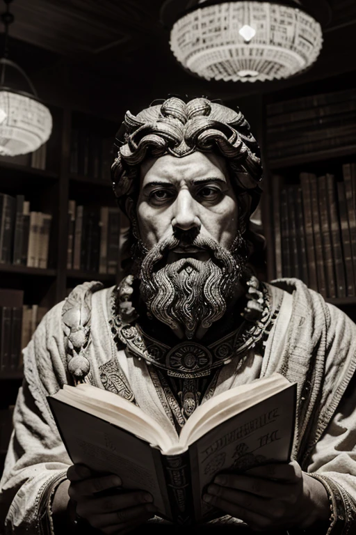 A library or study filled with ancient texts, scrolls, and symbols, with the wise-looking character resembling Marcus Aurelius in black and white colors featuring stoic philosopher  deeply engrossed in reading, surrounded by a soft, glowing light.HYPER REALISTIC.

