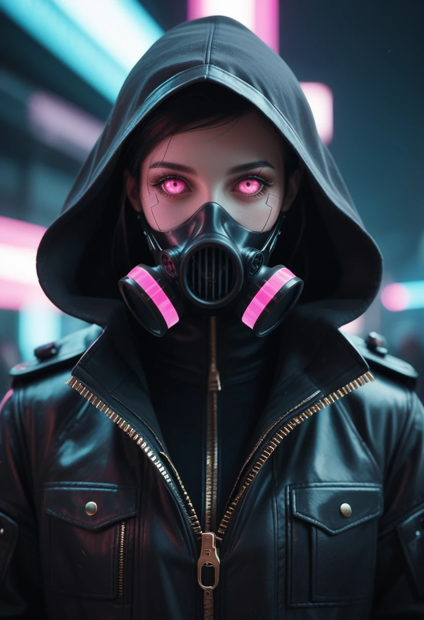 Fraction_9, Fraction_8_up, Fraction_7_up,  Looking at the audience, jacket, upper body, trumpet, hood, Pink Eyes, black jacket, mask, Luminescence, hooded jacket, hood up, zipper, cable, leather, gas mask, Cyberpunk, tube
