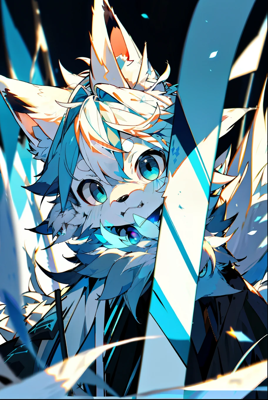 Depth of Field，Perfect lighting，Light Particles，（best quality），（Top quality）（masterpiece），（Extremely detailed），arctic fox，blue fur，White ears，concentrated，Sharp eyes，blue eyes，hairy，Common，Blue Fox，blue，hairy，Blue and white tail，Long Tail，White hair，front，Upper Body
