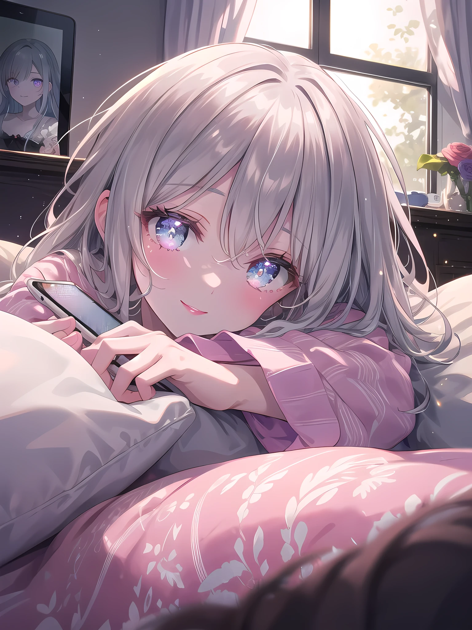 ((8k, best quality, master piece: 1.3)),super high resolution,(1 girl, solo), (colorshift eyes, hyperdetailed, expressive sparkling, glitter, glowing eyes), ultra detailed eyes, ultra-detailed face, random hair, ((silver gray color)),A pretty woman is chatting. The background is a bedroom at night, with indirect lighting casting a warm glow. She is lying in bed, in a relaxed position, with her head resting on the pillow. She is wearing a silk nightgown, which is a pale lavender color and decorated with lace. The shot is taken from a close-up to show her facial expression. The woman's face is lightly made up, with rose pink lips and gloss. Her eyes are soft and sparkling, with long eyelashes and a light eyeshadow. Her hair is in gentle waves, with each strand of hair realistically drawn. Her hair is chocolate brown and shines in the indirect lighting. She is chatting with a friend over video call, with a smile on her face. She is holding a tablet in her hand, and is depicted as having a pleasant conversation with her friend through the screen. The background is filled with fluffy futons and cushions, highlighting her relaxed position. The texture of her skin, the softness of the silk of her nightgown, and the way the light hits them are all depicted in detail. The warm atmosphere of her bedroom accentuates her relaxed appearance.