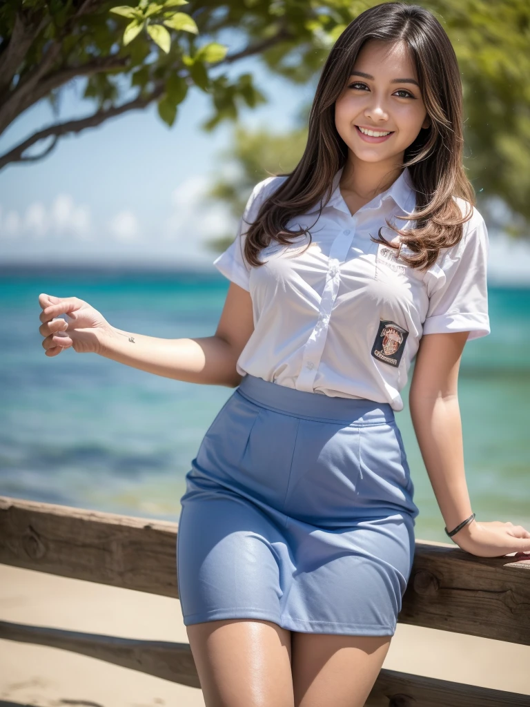 1girl, solo, (uniform), at the beach, standing a little bit further from the camera, beautiful realistic ocean scenery, seductive smile, thick breasts, smooth skin, tight white shirt, grey blue short skirt, looking at the audience, long shot, (8k, RAW photo, best quality, masterpiece: 1.3), (realistic, realistic: 1.37), ultra-high resolution, cowboy shot
