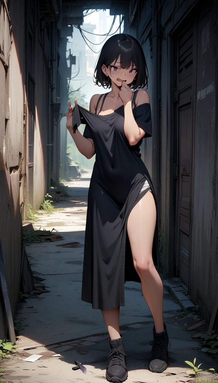 ((best quality)) , ((masterpiece)) , (detailed),1 female,,Sneering expression,Clothes in hand,Abandoned alleys,Knife on the ground,(whole body)