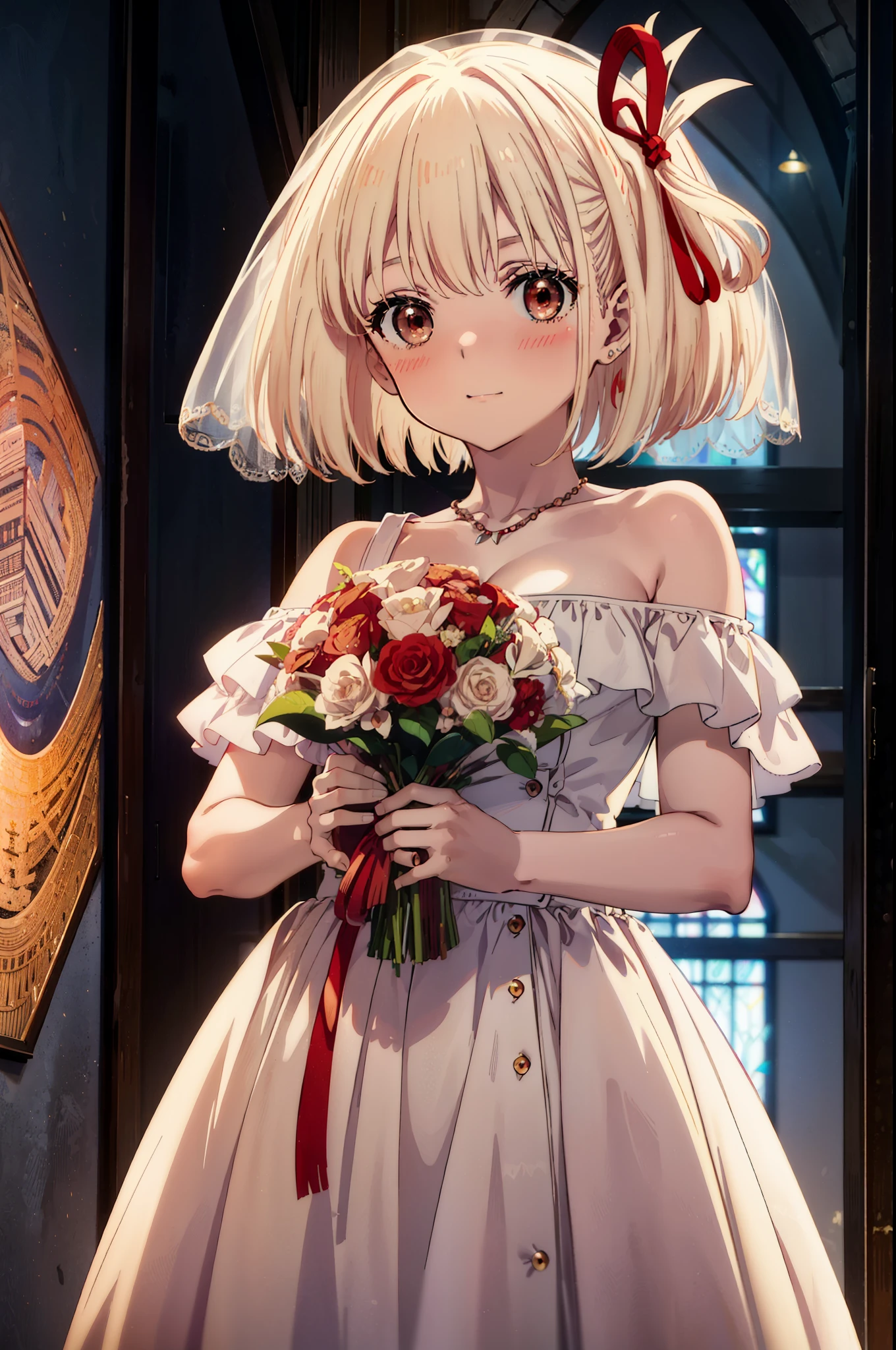 ,chisato nishikigi, short hair, bangs, Blonde, (Red eyes:1.5), hair ribbon, One side up, Bobcut,Veil,Off-the-shoulder wedding dresses,necklace,Veil,wedding long skirt,Holding a bouquet in both hands,smile,blush,So that the whole body goes into the illustration,Daytime,Clear skies,
break indoors, Chapel,church,
break looking at viewer, Upper Body,(Cowboy Shot:1.5),
break (masterpiece:1.2), Highest quality, High resolution, unity 8k wallpaper, (figure:0.8), (Beautiful attention to detail:1.6), Highly detailed face, Perfect lighting, Highly detailed CG, (Perfect hands, Perfect Anatomy),