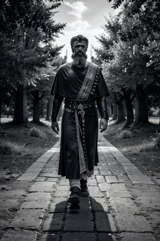 A final image showing the with the wise-looking character resembling Marcus Aurelius in black and white colors featuring stoic philosopher walking down a path lined with symbols of wisdom, with a peaceful, radiant light at the end, symbolizing the journey of stoicism.HYPER REALISTIC