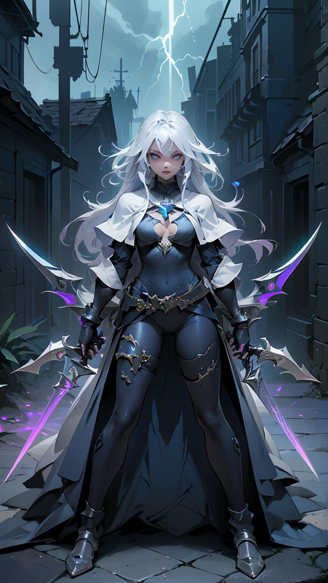 (((masterpiece, best quality, high detailed, 8k))) Design a layout showcase Gaming character, (1girl). Silver|Blue clothes, stylish and unique. ((showcase weapon:1.4)), lightning rod. (masterpiece:1.2), (best quality), 4k, ultra-detailed. (Step by step design, layout art:1.5), (luminous lighting, atmospheric lighting). storm mage, ((glove full hands)), (((revealing clothes:1.3))), vambraces, armored legwear, (((full_body_shot:1.4))). {During a thunderstorm}.