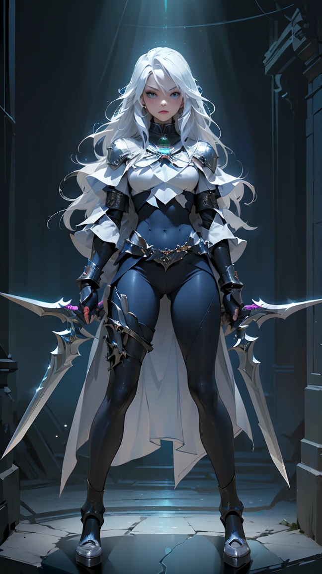 (((masterpiece, best quality, high detailed, 8k))) Design a layout showcase Gaming character, (1girl). Silver|Blue clothes, stylish and unique. ((showcase weapon:1.4)), lightning rod. (masterpiece:1.2), (best quality), 4k, ultra-detailed. (Step by step design, layout art:1.5), (luminous lighting, atmospheric lighting). storm mage, ((glove full hands)), (((revealing clothes:1.3))), vambraces, armored legwear, (((full_body_shot:1.4))). {During a thunderstorm}.