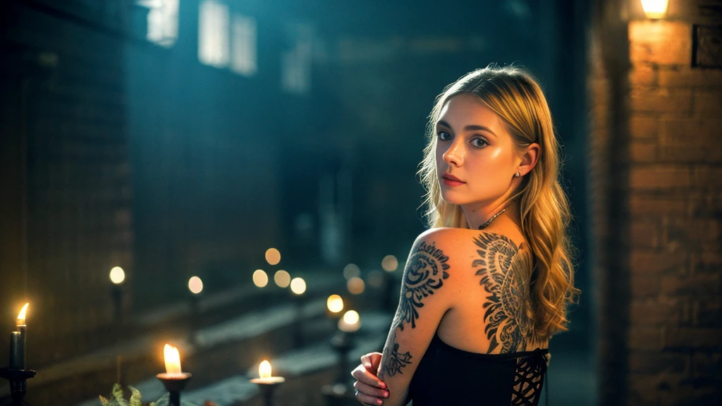 tatuados,Beautiful blonde with big breasts in a black dress、(Back tattoo、Many tattoos on both arms and neck)、 (Late night back alley、walk),Candlelight only,Very detailed, 21 years old, Innocent face, Wavy Hair, blue eyes, High resolution, masterpiece, Highest quality, Intricate details, Very detailed, Clear focus, Delicate skin, practical skin texture, texture, Delicate eyes, Professional, 4K, Sad face,despair、 Shot with Canon, 85mm, Shallow and deep, Kodak Vision Color, Exactly, Very detailed, photograph_\(Extremist\), photographpractical, practical, Post-processing, Maximum details, Roughness, Real Life, Extremist practical, Photorealism, photographgraphy, 8K Ultra HD, photographgraphy