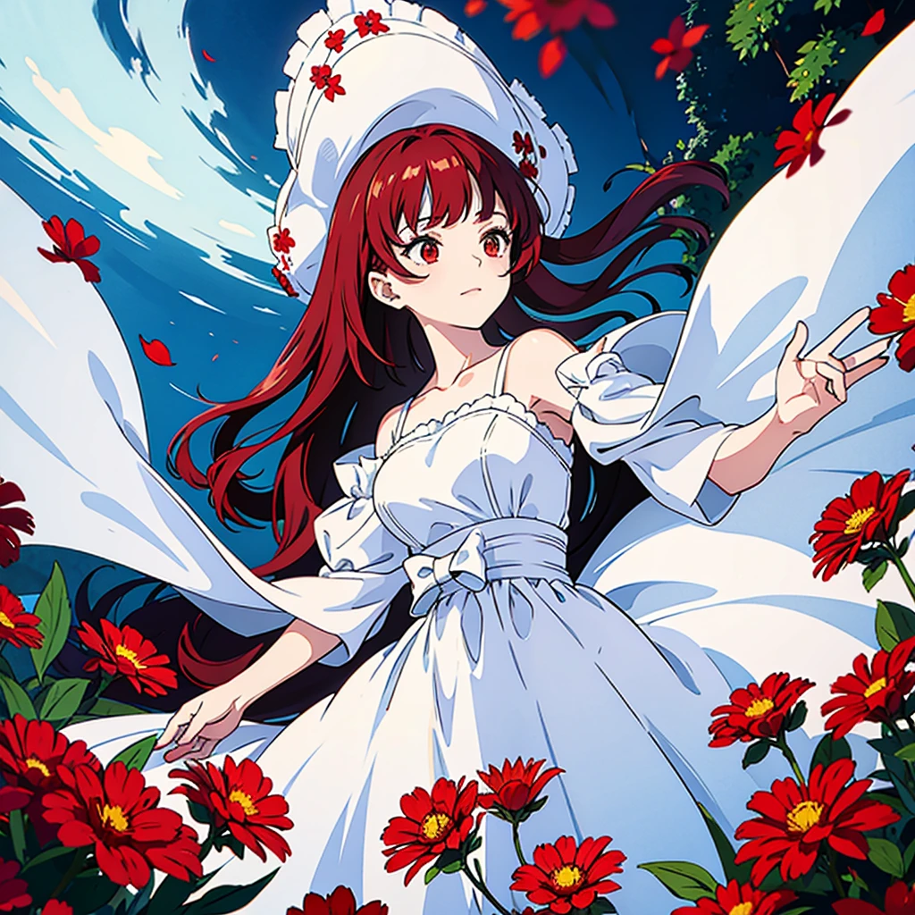 Red flowers, woman in white dress, solo, grave