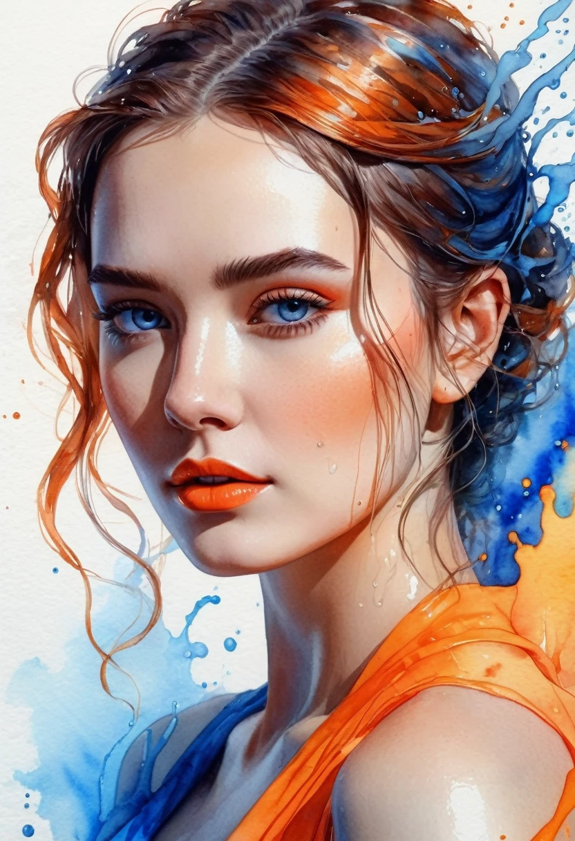 women beautiful neon fictional , ancient stories, High detail, portrait, light studio, colorful, high precision, strong, beautiful, classic, science, Renaissance, wet water color ink, color orange and blue, painting watercolor, ultra clear