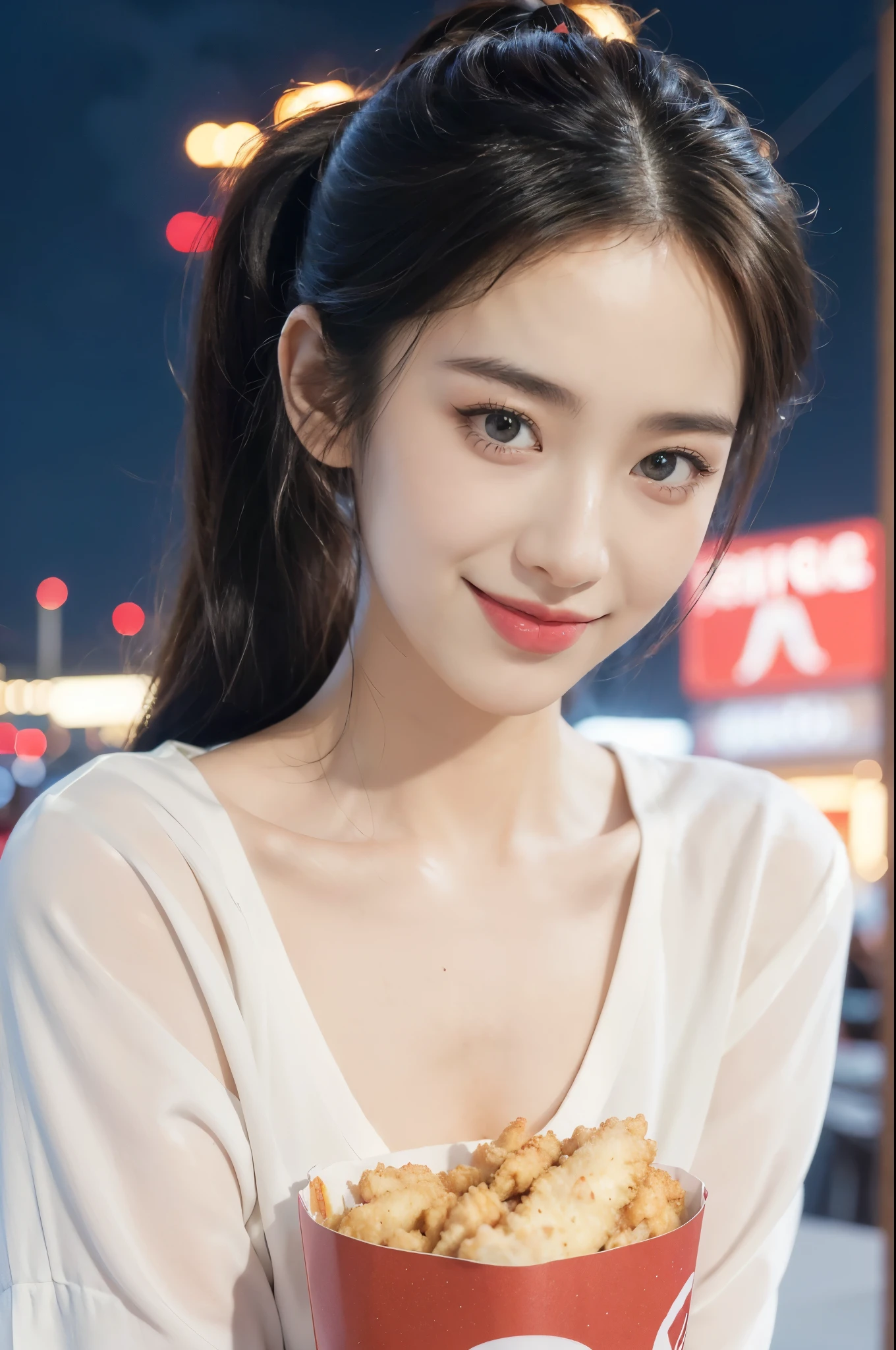 (((best quality))),(((ultra detailed))),(((masterpiece))),illustration,((2 beautiful girls)),(short ponytail:1.2),((slim,thin)),((small breasts,flat chest)),(KFC outlet:1.3),summer,(night scene:1.3),(white shirt:1.3), brightly lit background, almond-shaped eyes, mischievous grin,youthful charm,innocence,deep shade of eyes, fair complexion, confidence, sophistication, serene smile, bustling activity, red and white color scheme, fried chicken aroma, large poster, special bond, comfortable posture, natural smiles, enjoying time together, laughter, vibrant atmosphere, summer snapshot, joy, carefree spirit, youthful energy, timeless keepsake, simple pleasures, enduring bond of friendship,((from front,close-up of face))