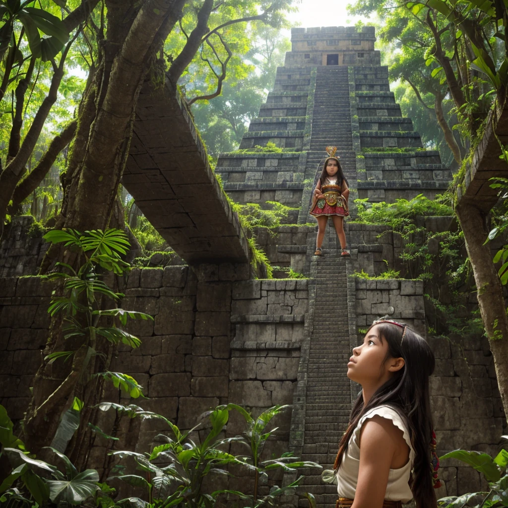 Childish, high quality、Very detailed、8Year、Mayan Aztec young priestess、Looking up at the flying god Quetzalcoatl Kukulkan and offering prayers、Chichen Itza Temple of the Sun in the Forest、mysterious、