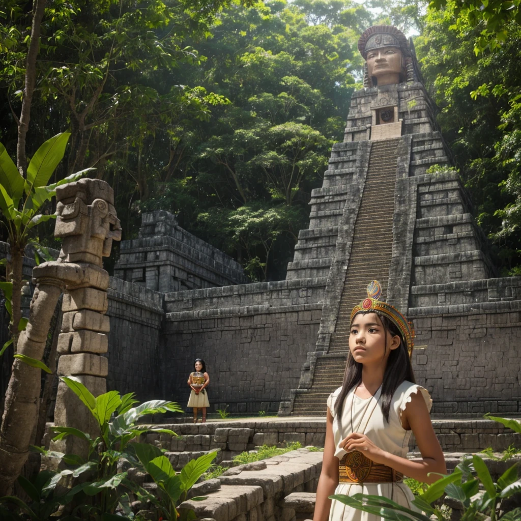 Childish,  high quality、Very detailed、８Year、Mayan Aztec young priestess、Looking up at the flying god Quetzalcoatl Kukulkan and offering prayers、Chichen Itza Temple of the Sun in the Forest、mysterious、