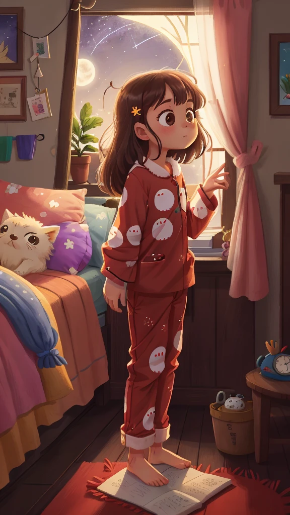 Luna standing by her bed in her pajamas, noticing a sparkling trail of moonbeams leading from her window into the night, HD, 4K