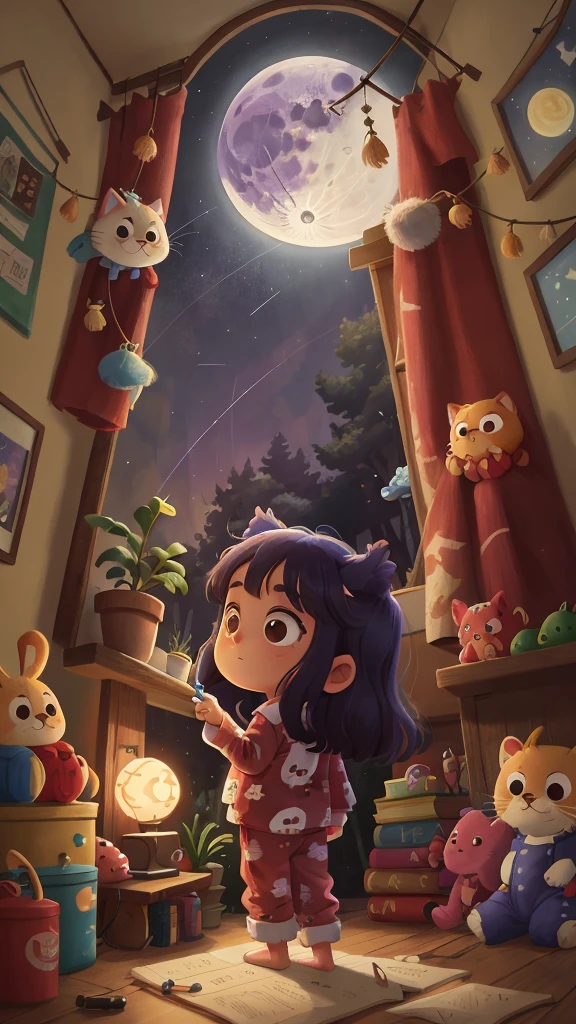 Luna standing by her bed in her pajamas, noticing a sparkling trail of moonbeams leading from her window into the night, HD, 4K