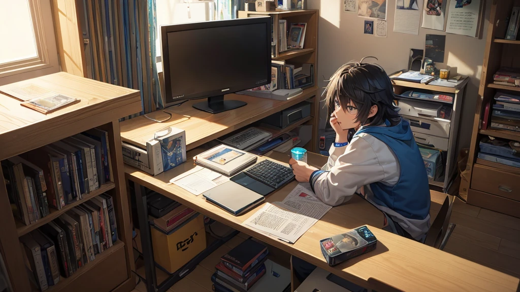 A man around 25 years old、A dimly lit, small apartment room at night. Kenji is sitting on his unmade bed, hunched over and intensely focused on his smartphone. The blue glow from the phone screen illuminates his face, highlighting his wide-eyed expression of curiosity and slight nervousness. His messy hair casts subtle shadows on his forehead.
The room around him is cluttered but cozy, with a small desk covered in computer parts and programming books. Posters of anime and video games adorn the walls. A laptop sits open on a nearby table, its screen saver casting a soft light. Empty energy drink cans and snack wrappers are scattered about, suggesting long nights of coding