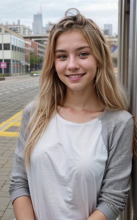 blonder woman, eyes you see, 17 year old young man, friendly smile, Perfect beauty, photo from afar, (((high qualiy))), (((Hyper-Realism))), photo taken with iPhone, photo with urban background