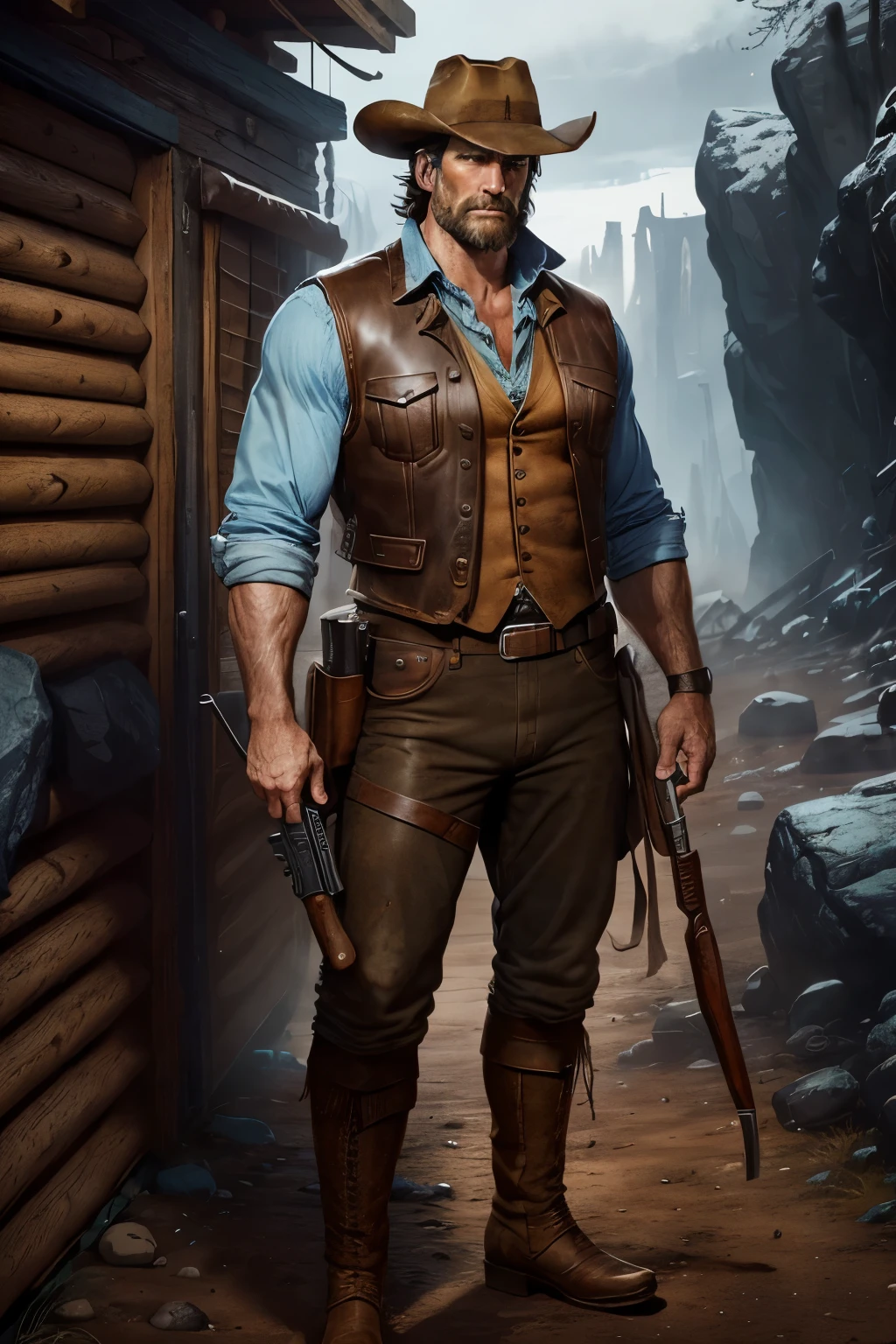 ((Best Quality Portrait)): Clem, a formidable and imposing figure, exudes an aura of resolute strength. His cowboy hat shields a ruggedly handsome face marked by battle scars, the lines etched deeply into his strong jaw and high cheekbones. His light blue shirt, worn but well-loved, contrasts beautifully with his chunky leather vest, both showing signs of wear from years of use. His brown pants are durable and practical, perfect for traversing harsh terrain, and his tall boots have seen their fair share of adventures. Clem is always armed with a Colt 45' revolver, and his serious demeanor and posture convey the seasoned warrior
