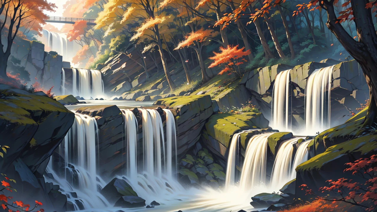 painting of a Fall in a forest with a river running through it, an endless Fall, multiple Falls, Falls, with trees and Falls, floating Falls, (Fall), with Falls, author：Michael James Smith, cascade Falls, flowers and Falls, cascade iridescent Falls, Fall, several Falls, high Falls, cascade, forest and Fall