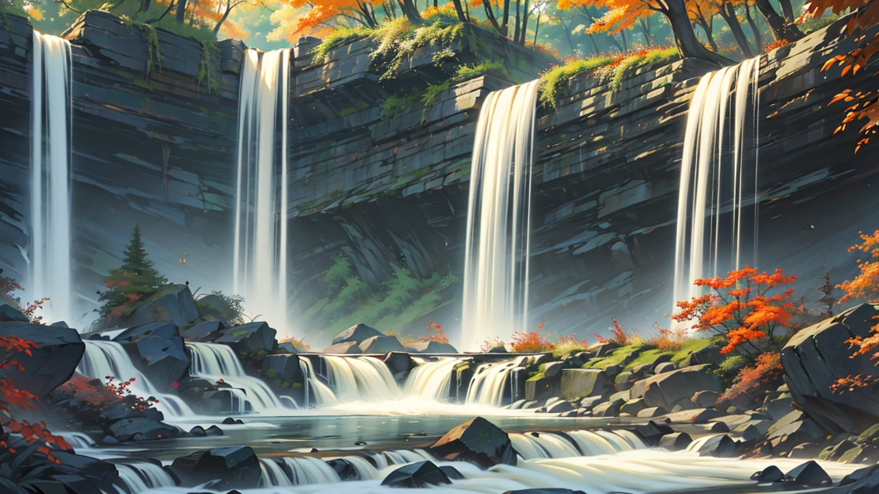 painting of a Fall in a forest with a river running through it, an endless Fall, multiple Falls, Falls, with trees and Falls, floating Falls, (Fall), with Falls, author：Michael James Smith, cascade Falls, flowers and Falls, cascade iridescent Falls, Fall, several Falls, high Falls, cascade, forest and Fall