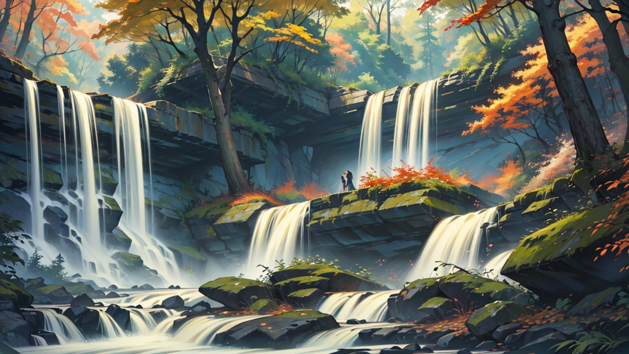 painting of a Fall in a forest with a river running through it, an endless Fall, multiple Falls, Falls, with trees and Falls, floating Falls, (Fall), with Falls, author：Michael James Smith, cascade Falls, flowers and Falls, cascade iridescent Falls, Fall, several Falls, high Falls, cascade, forest and Fall