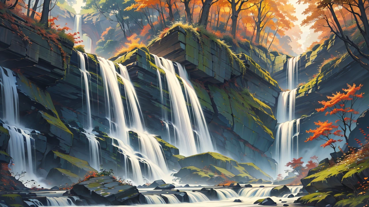 painting of a Fall in a forest with a river running through it, an endless Fall, multiple Falls, Falls, with trees and Falls, floating Falls, (Fall), with Falls, author:Michael James Smith, cascade Falls, flowers and Falls, cascade iridescent Falls, Fall, several Falls, high Falls, cascade, forest and Fall