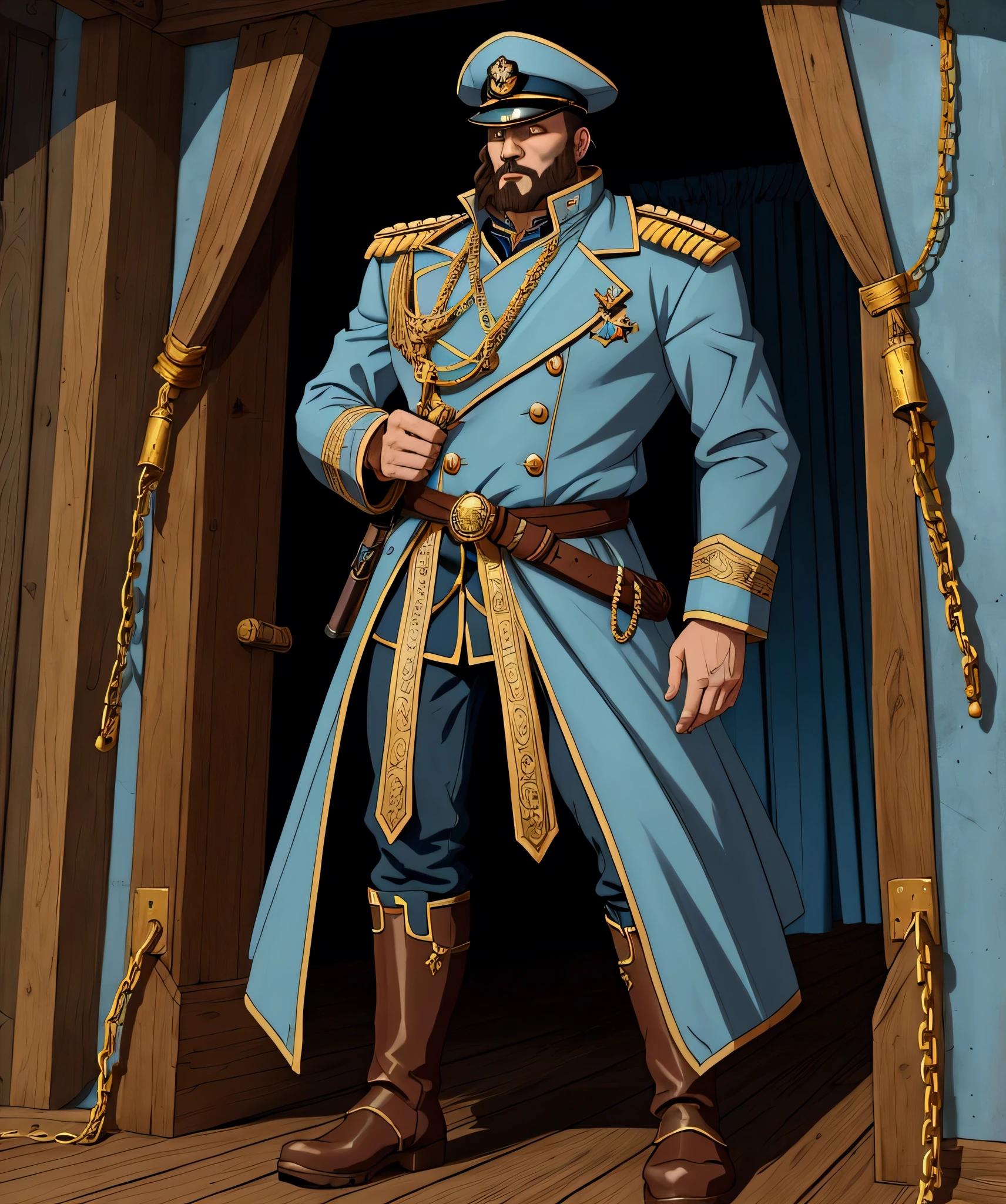 a long, heavy coat, light blue color, typical of a ship's captain. The coat has gold details, large buttons and a high collar, reinforcing its authoritarian air. He wears brown pants and tall, heavy boots suitable for life at sea. He wears a brown or black leather band around his waist, where he holds the scabbard of his sword. Kunkka may also have other decorations, such as captain's insignia or gold chains, reflecting his high status