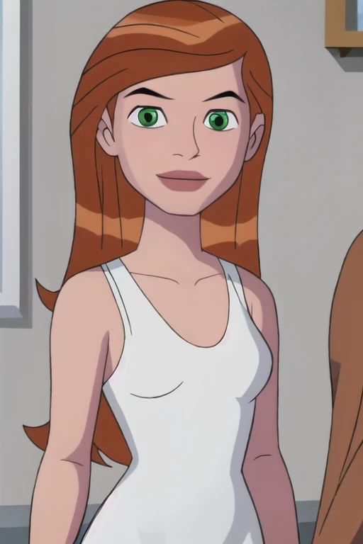 gwentennyson, (8k, RAW photo, best quality, masterpiece:1.2), (intricate details), perfect eyes, perfect face, perfect lighting, beautiful, (masterpiece:1.2), (best quality:1.2), 1girl, cartoon style, solo, redhead, green eyes, small breasts detailed vagina, smiling, white skinny dress, white stilettos,(feet included) (full body)