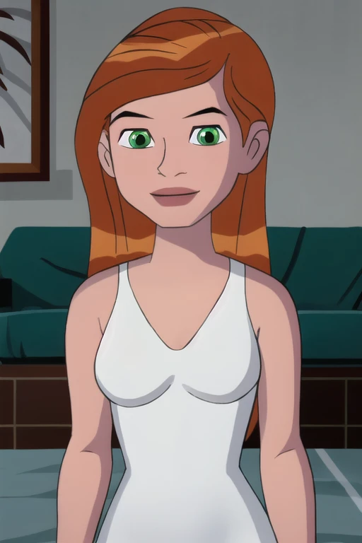 gwentennyson, (8k, RAW photo, best quality, masterpiece:1.2), (intricate details), perfect eyes, perfect face, perfect lighting, beautiful, (masterpiece:1.2), (best quality:1.2), 1girl, cartoon style, solo, redhead, green eyes, small breasts, detailed vagina, smiling, perky nipples, white toe nails, sweaty body(feet included) (full body)
