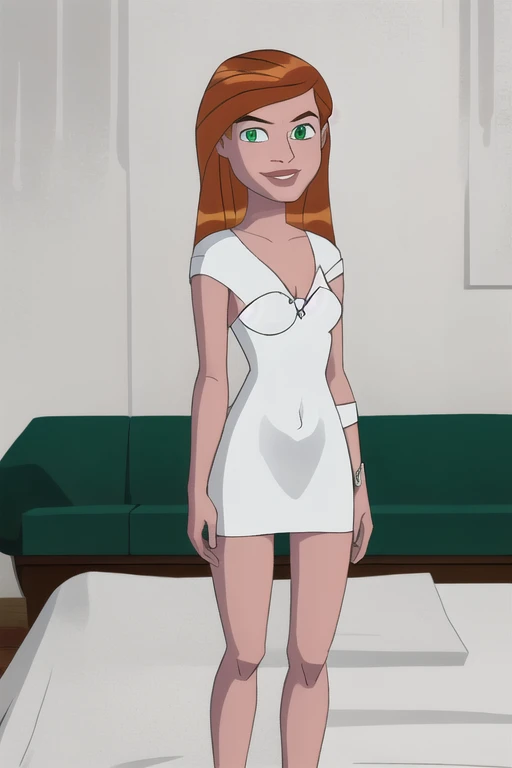 gwentennyson, (8k, RAW photo, best quality, masterpiece:1.2), (intricate details), perfect eyes, perfect face, perfect lighting, beautiful, (masterpiece:1.2), (best quality:1.2), 1girl, cartoon style, solo, redhead, green eyes, small breasts detailed vagina, smiling, white skinny dress, white stilettos,(feet included) (full body)