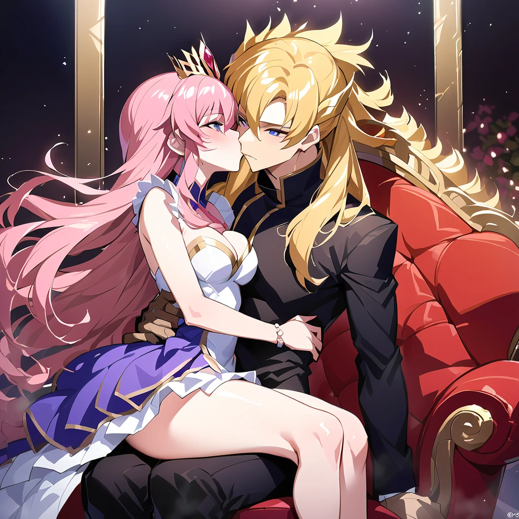 ((Highest quality)), ((masterpiece)), (detailed), （Perfect Face）、The woman is Lacus Clyne, with blue eyes, medium-long pink hair, a hair accessory, and an engagement ring. She is the beloved wife of Orpheus Ram Tao and the queen of the Foundation.、King Orpheus and Queen Lacus embracing and kissing as they make love on a luxurious throne、The woman embraces and kisses her beloved husband, Orpheus, the great king of mankind.、Orpheus is a handsome blonde with long hair who embraces a woman, kisses her, and makes love to her. The king and queen are making love.