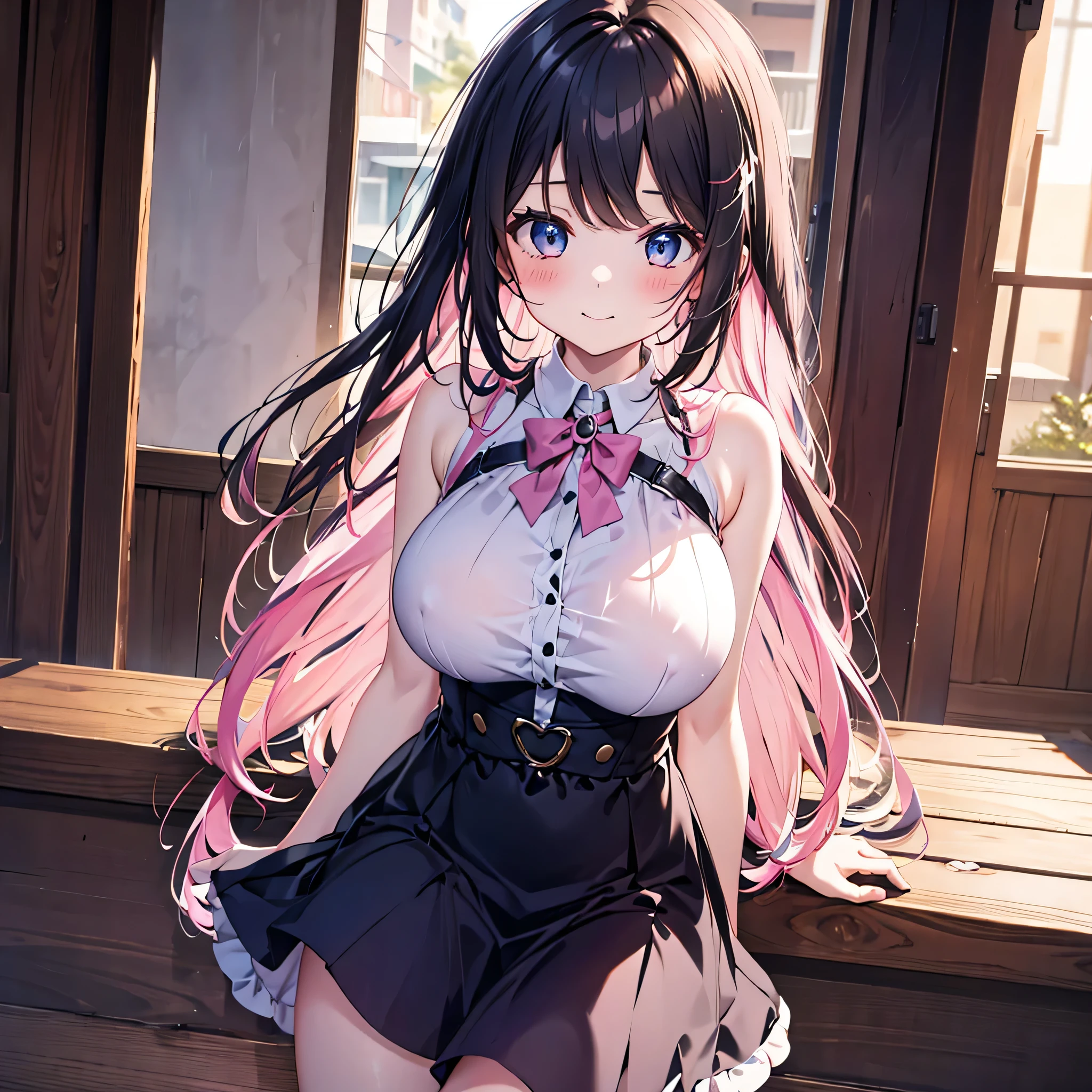 4K,High resolution, (Highly detailed CG,8k,wallpaper)、One five-year-old ,((Young Girl)),((Lori)),(Delicate and slim body),(low length),(Clean detailed eyes,smile),(きれいな整ったLarge Breasts),(Large Breasts),(Huge breasts),(((Huge breasts)))（Miniskirt,dress),(Black Hair,Pink inner color hair)