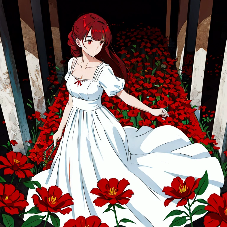 Red flowers, woman in white dress, solo, grave