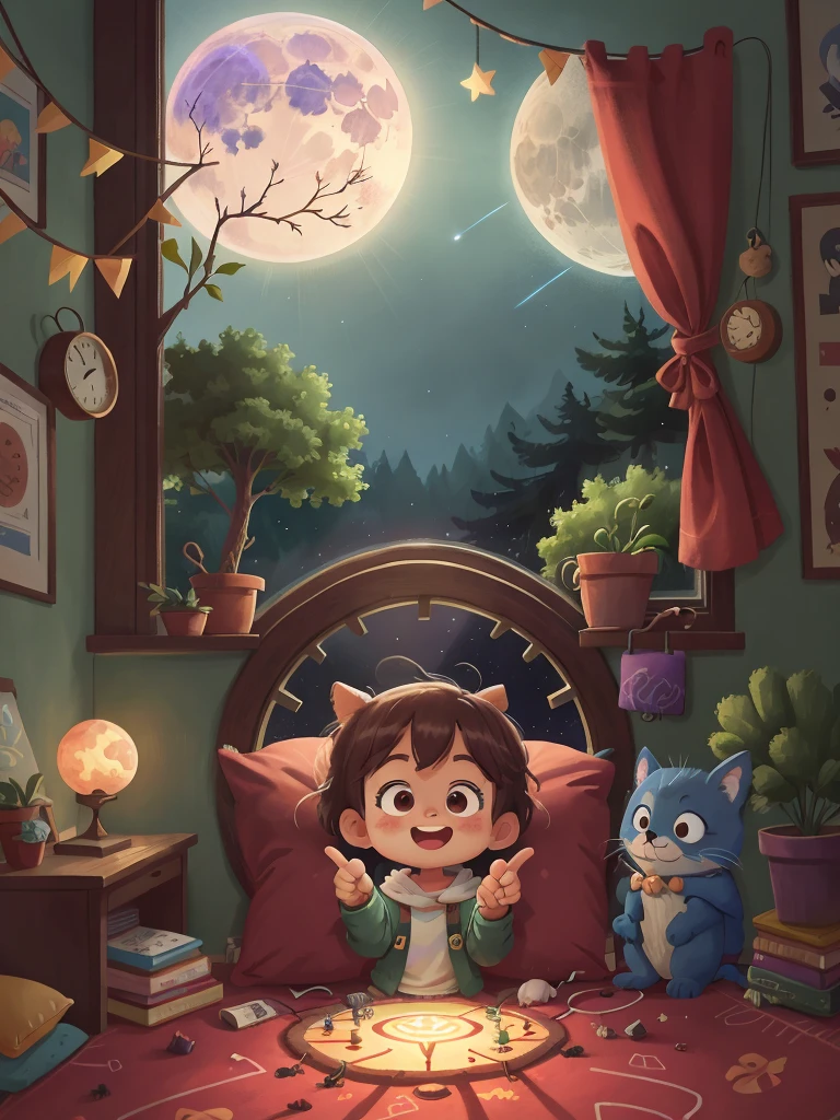 A cozy bedroom scene with Luna excitedly pointing at the glowing path of moonbeams that have appeared by her window, HD, 4K