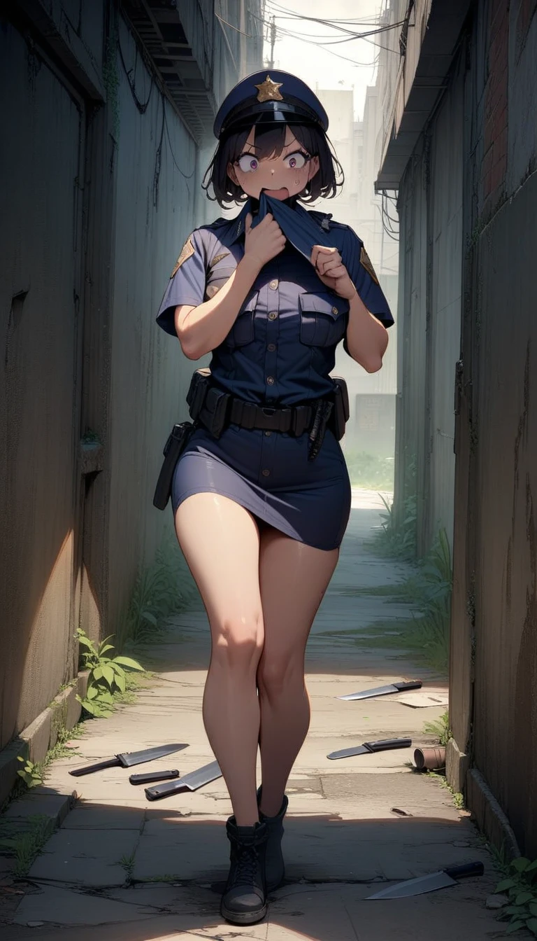 ((best quality)) , ((masterpiece)) , (detailed),1 Police,Sneering expression,Clothes in hand,Abandoned alleys,Knife on the ground,(whole body)