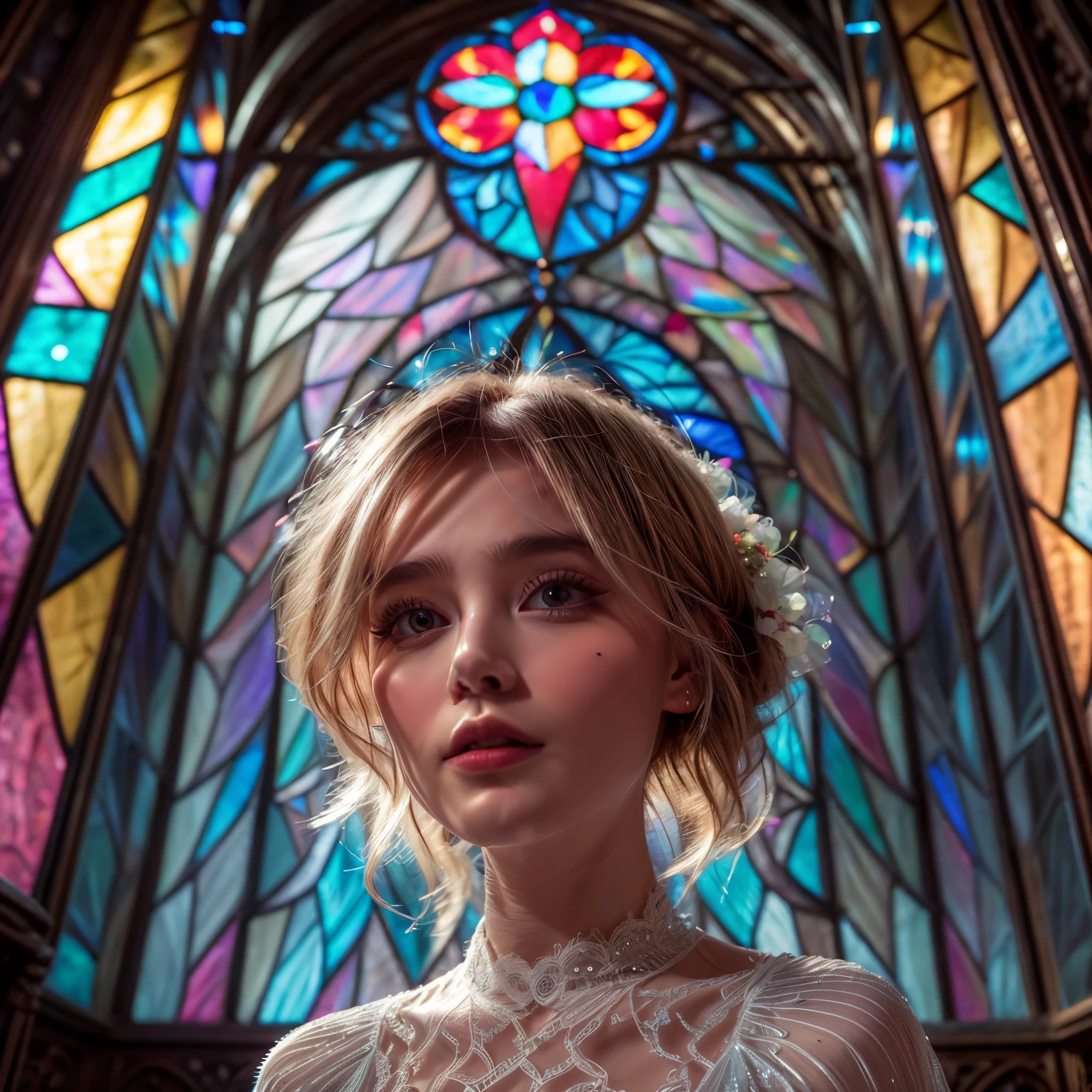 (Cathedral from below:1.28) (BokeH ZoomLayer) TopQuality 8K masterpiece of ((Professional photo)), (((Clarisse de Cagliostro))) (Detailed White WeddingDresses), Chain, (CloseUp of (Extremely detailed (KAWAII face))) {((VeiledFace))|BlondeHair|(Elaborate BuleEyes)with(SparklingHighlights:1.28)}, The background is distant (((Elaborate stained glass))) Rainbow Glass, {(MysticSight)|EnchantingAtmosphere|Haze|(GodRays)|TyndallEffect}, Radiant PearlSkin with Transparency, (Exposed:0.39), BluB