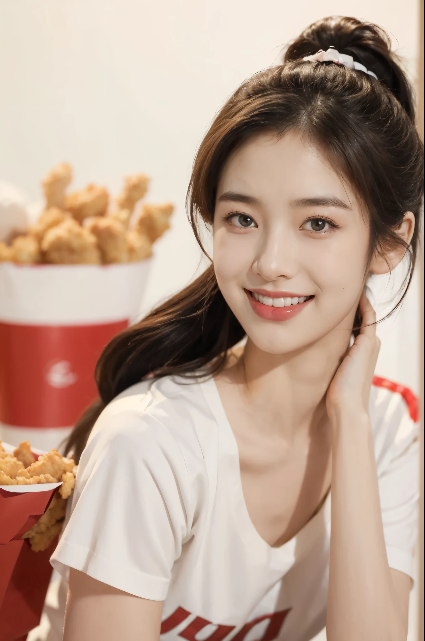 (((best quality))),(((ultra detailed))),(((masterpiece))),illustration,((2 beautiful girls)),(short ponytail:1.2),((slim,thin)),((small breasts,flat chest)),(KFC outlet:1.3),summer,(night scene:1.3),(white shirt:1.3), brightly lit background, almond-shaped eyes, mischievous grin,youthful charm,innocence,deep shade of eyes, fair complexion, confidence, sophistication, serene smile, bustling activity, red and white color scheme, fried chicken aroma, large poster, special bond, comfortable posture, natural smiles, enjoying time together, laughter, vibrant atmosphere, summer snapshot, joy, carefree spirit, youthful energy, timeless keepsake, simple pleasures, enduring bond of friendship,((from front,close-up of face))